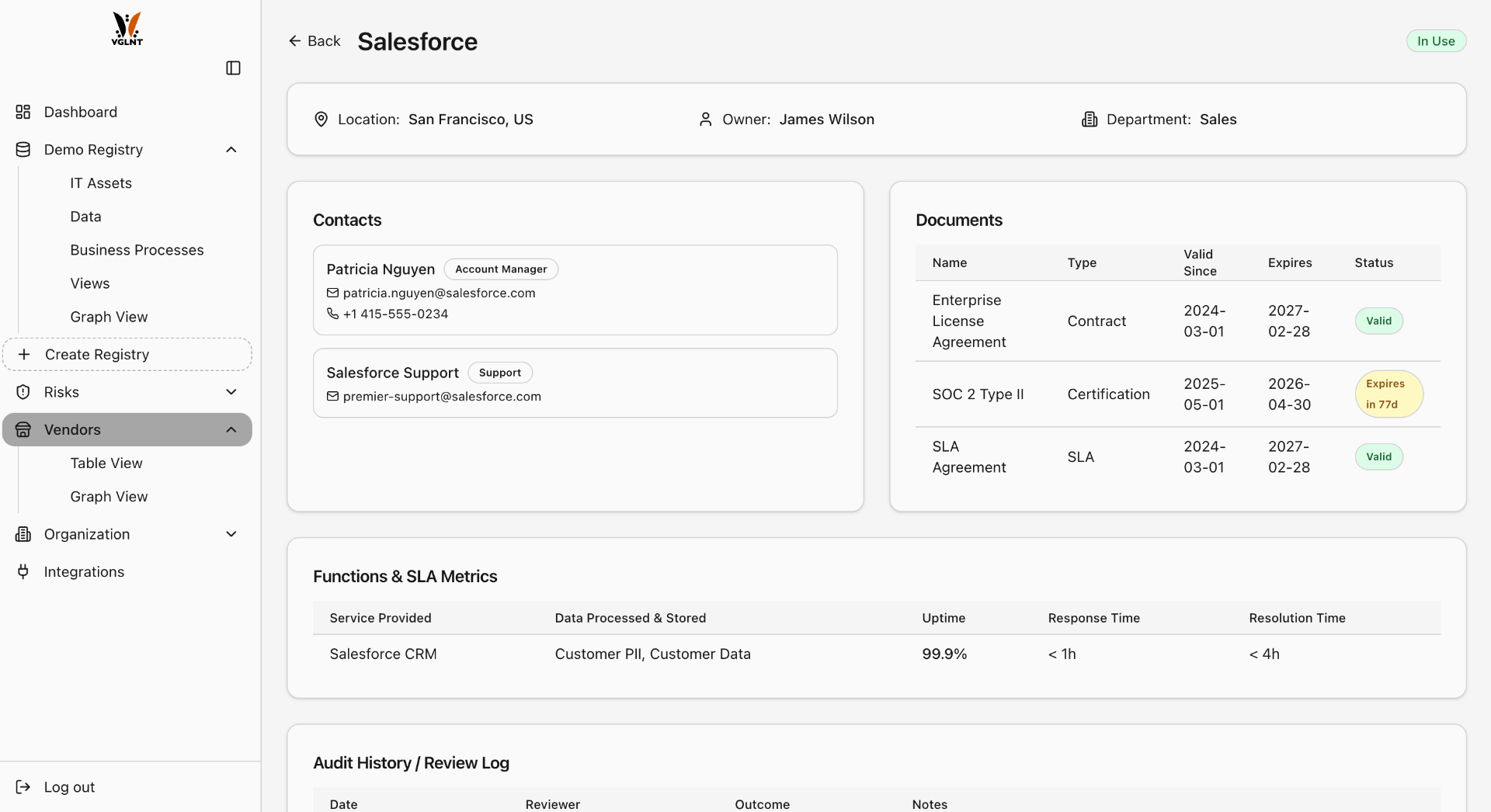VGLNT Vendor Management Detail view