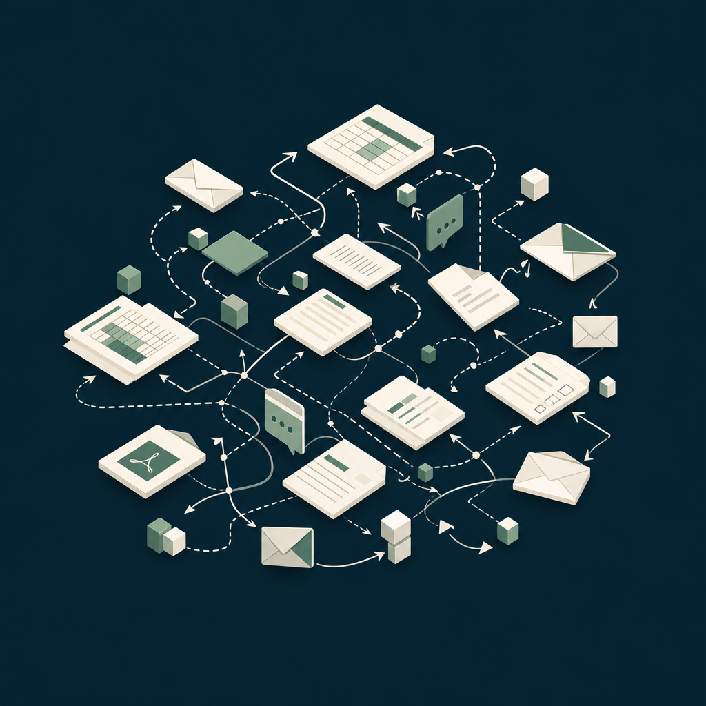 Fragmentierte Dokumente und Workflows als Symbol für manuelle Compliance-Komplexität